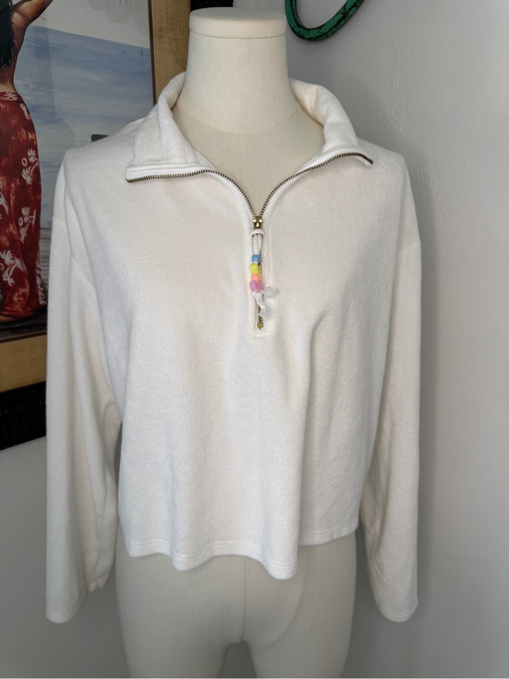 Stoney Clover Lane White Quarter-Zip Pullover with Colorful Beaded Pull